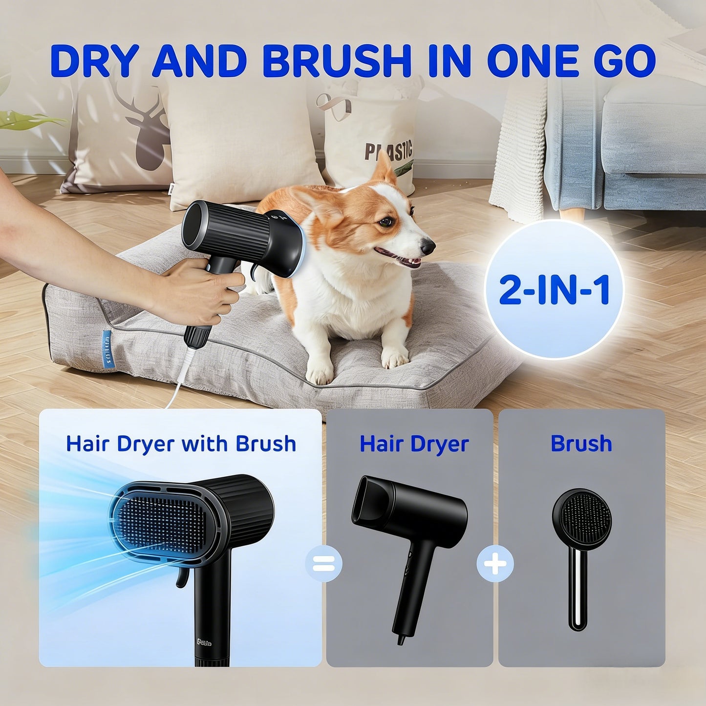 2-in-1 Pet Hair Dryer with Slicker Brush - 360° Airflow Dog Grooming Dryer