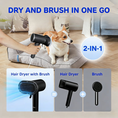2-in-1 Pet Hair Dryer with Slicker Brush - 360° Airflow Dog Grooming Dryer